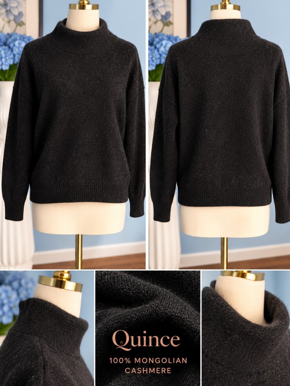 Quince 100% Mongolian Cashmere Funnel Neck Sweater Black XS